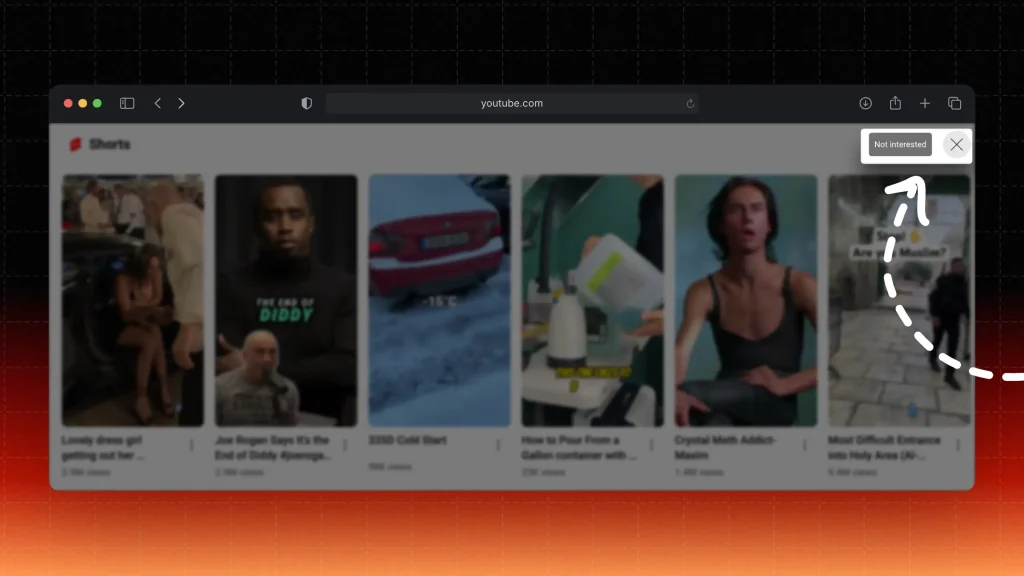 Highlighting the "Not interested" button to recommend less YouTube Shorts