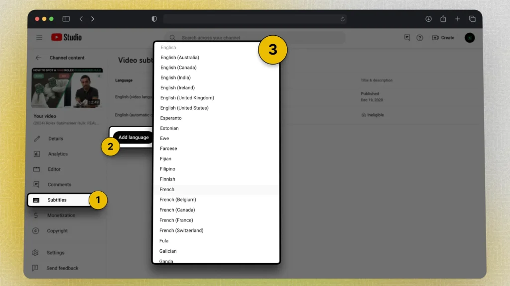 Highlighting which steps to take to translate subtitles for a YouTube video