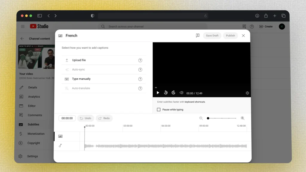 YouTube Studio menu showing options on how to translate a video's subtitles: Upload, Auto-sync, Type, and Auto-translate