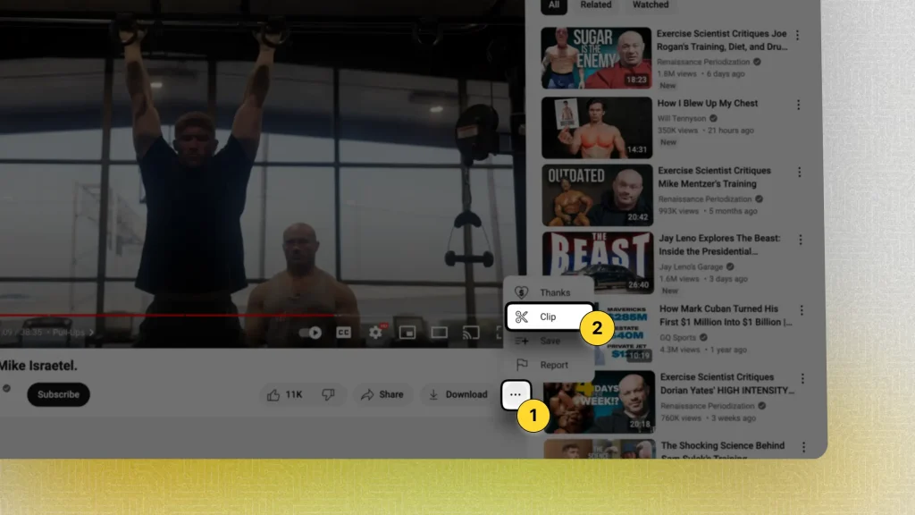 Highlighting where to click to Clip a YouTube video