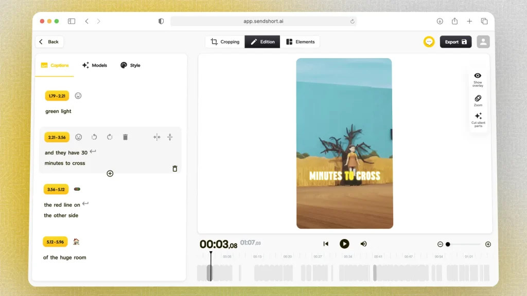 Editing the subtitles of a short video in SendShort