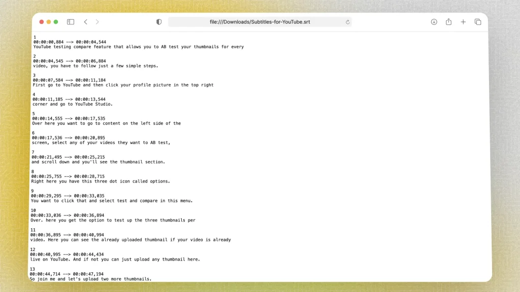 Text File (.SRT) with a YouTube Video's Subtitles, opened in Google Chrome