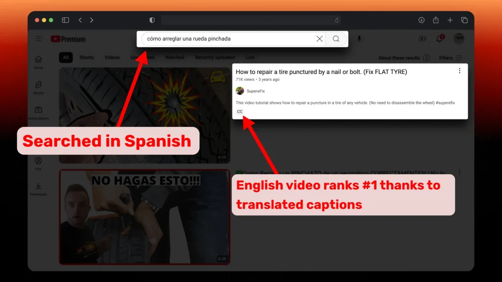 Searching 'how to fix a flat tyre' in Spanish and getting English results on YouTube