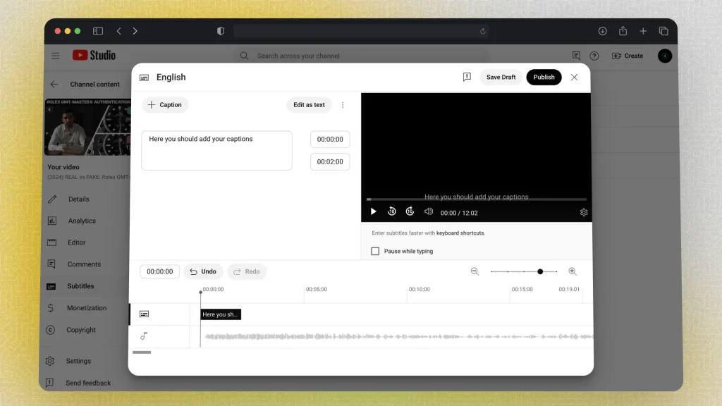 Typing subtitles for a video in YouTube Studio