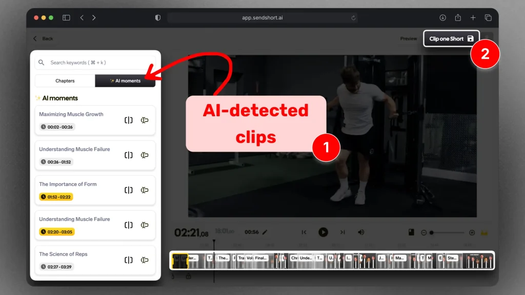 Highlighting how SendShort's AI detects clips