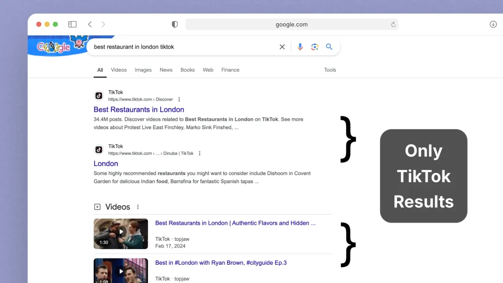 Google search results for 'best restaurant in london tiktok'