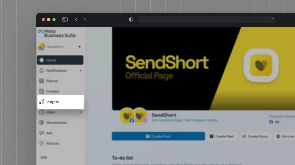 Highlighting the "Insights" button in Meta Business Suite