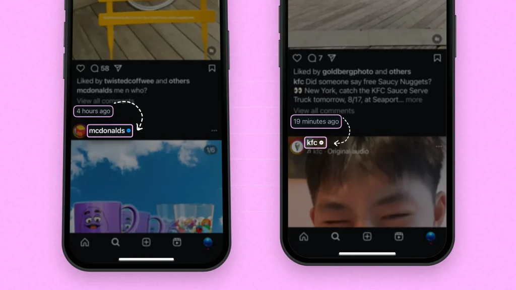 Highlighting the time difference of Instagram Reels posts between McDonald's and KFC
