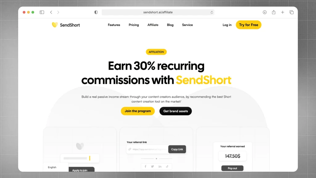 Screenshot of sendshort.ai/affiliate