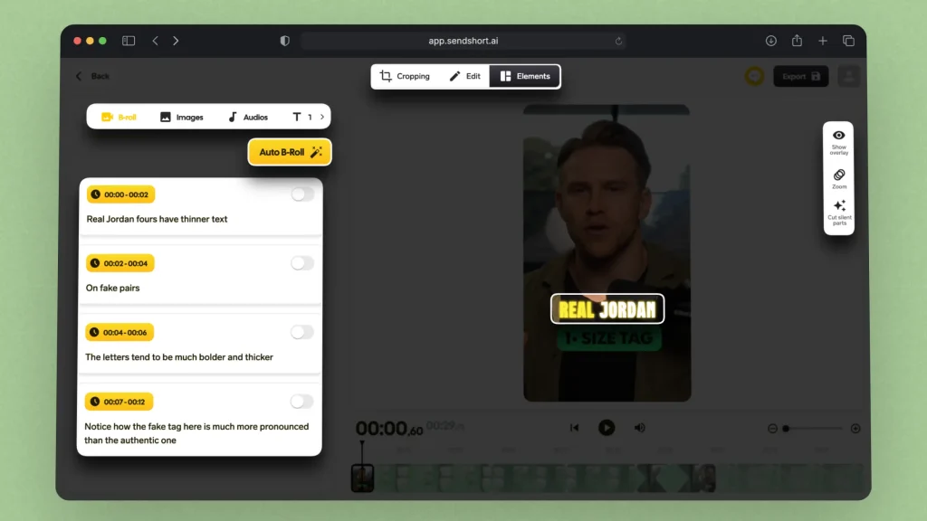 Highlighting some of SendShort.ai's features in the short-video editor
