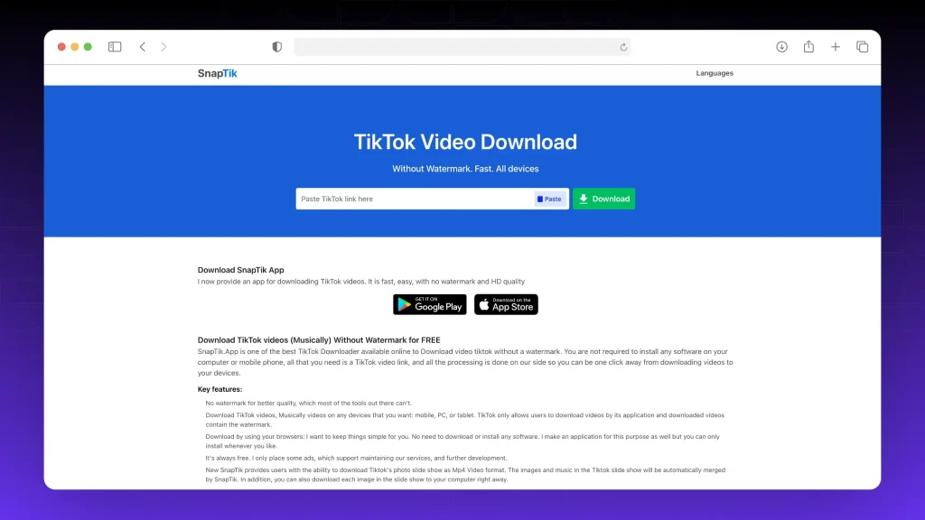 Snaptik website - TikTok downloader without watermark