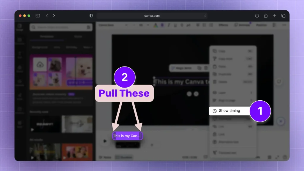 How to set the duration of text in Canva