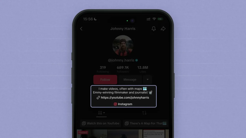 Highlighting creator Johnny Harris' bio on TikTok