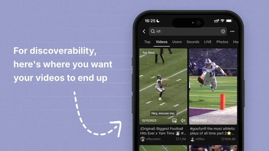 TikTok search results page, videos section for query 'nfl'