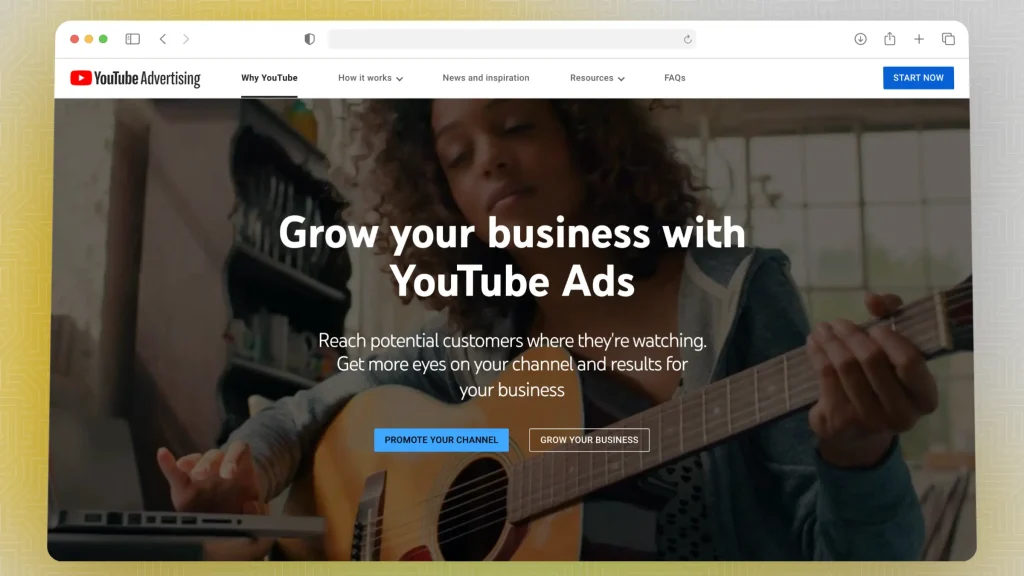 Website homepage of YouTube Ads