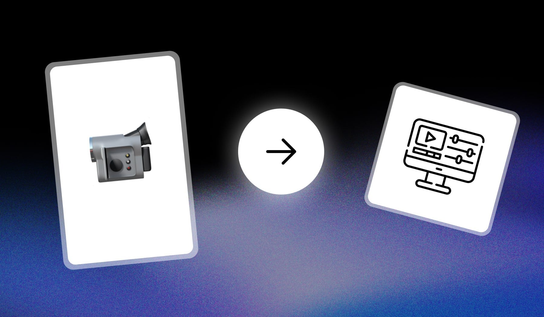 Video camera emoji with video-editing computer icon and arrow in between