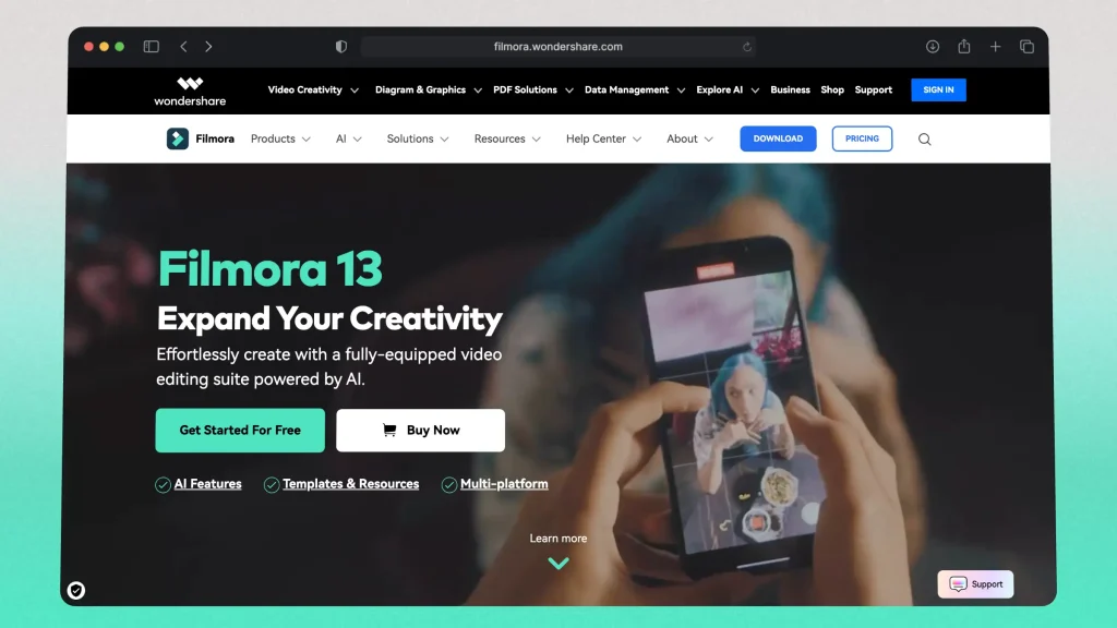 Filmora website landing page