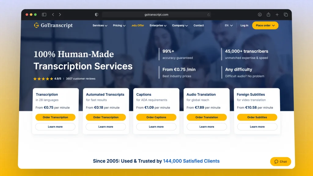 Landing page of gotranscript.com