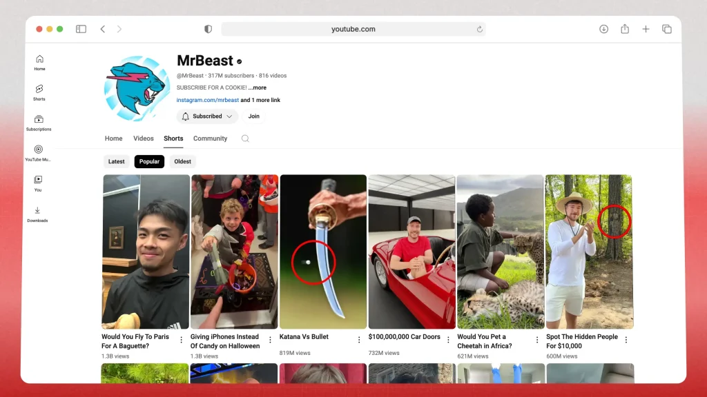 Screenshot of MrBeast's YouTube Shorts tab