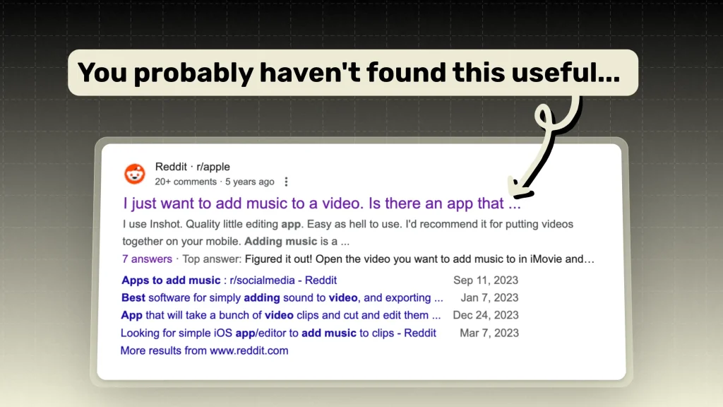 Highlighting a Google Search result of a Reddit Post about adding music to a video