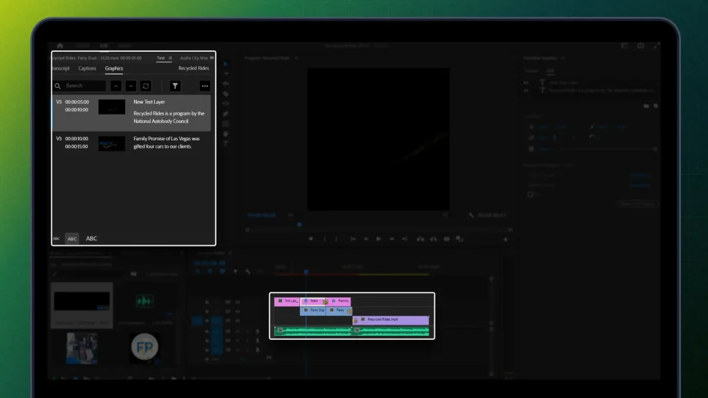 Highlighting text on timeline and its editing menu in Adobe Premiere Pro