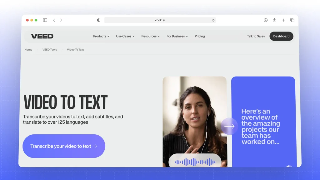 Veed.io Tool: Video-to-Text landing page