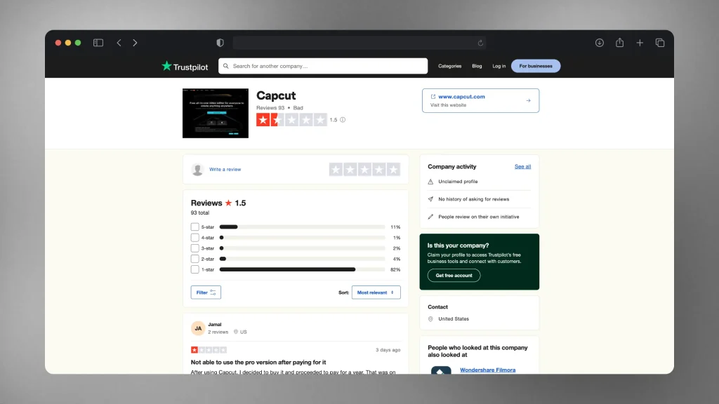 CapCut's Trustpilot Page