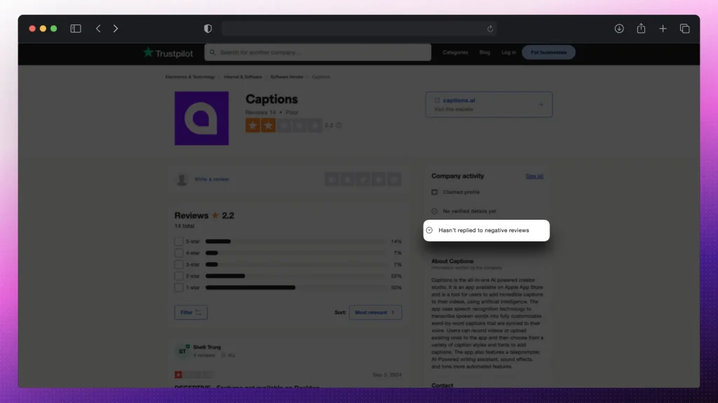 Captions.ai on Trustpilot - highlighting their responsiveness to negative reviews