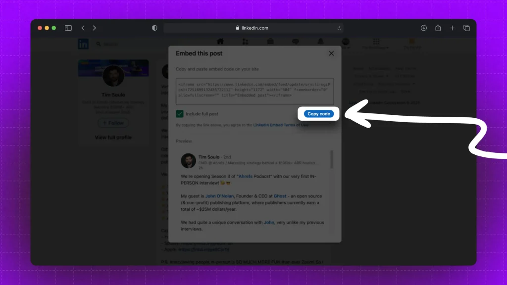 Showing how to copy the embed code of a LinkedIn video post