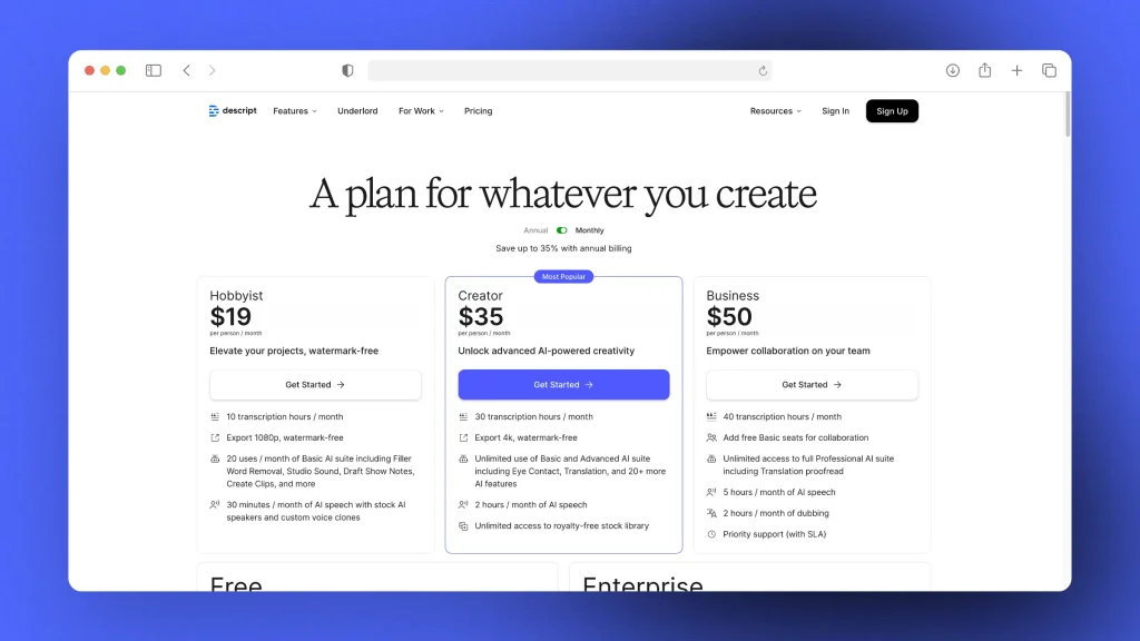 Descript Pricing