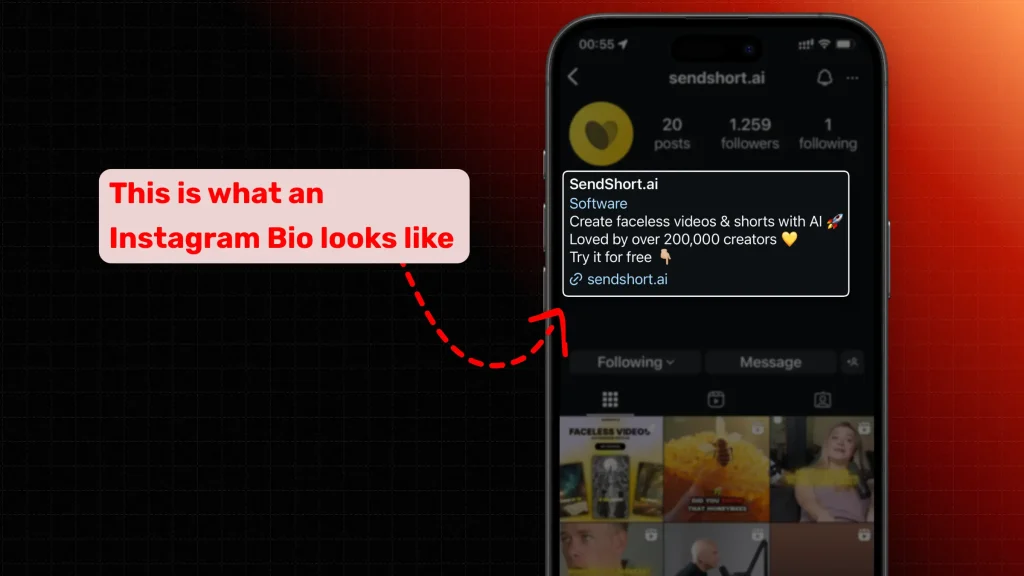 Highlighting the bio of the @sendshort.ai Instagram account