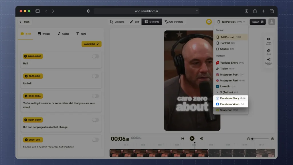 Using SendShort to edit a motivational video of Joe Rogan for Facebook