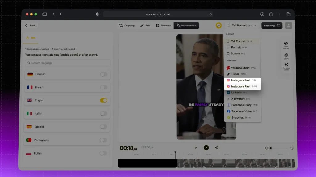 Using SendShort to edit a motivational video of Barack Obama for Instagram Reels