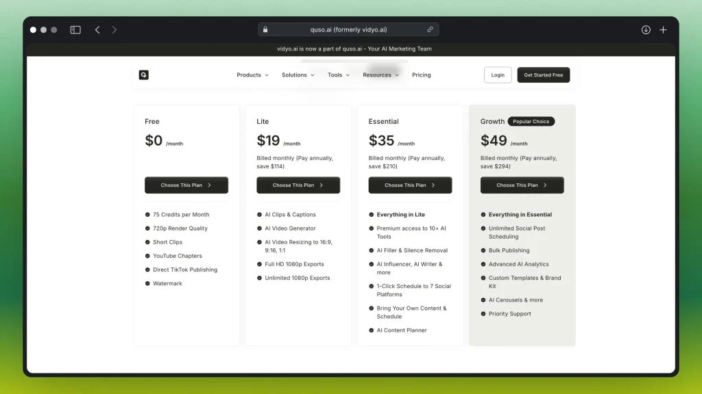 Quso.ai (ex. Vidyo.ai) pricing plans on their website