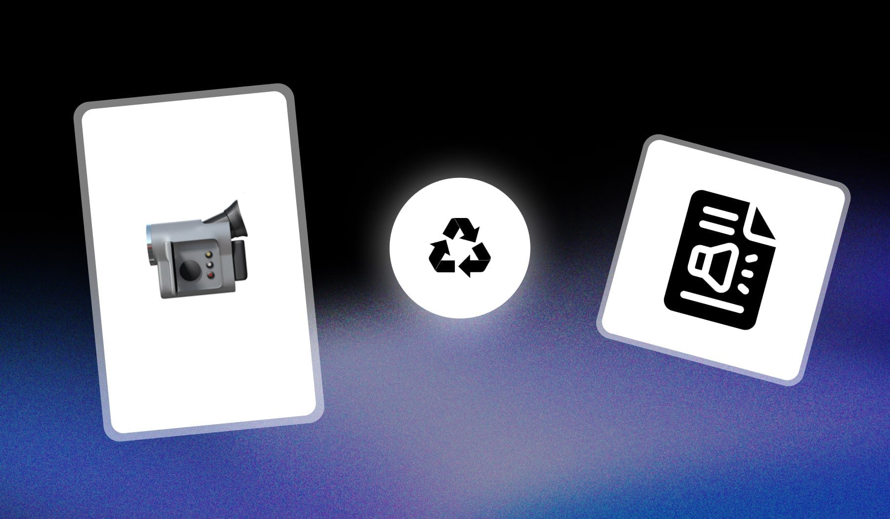 Video icon and transcript file icon with a recycling icon in between