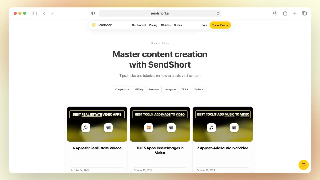 Screenshot of www.sendshort.ai/guides