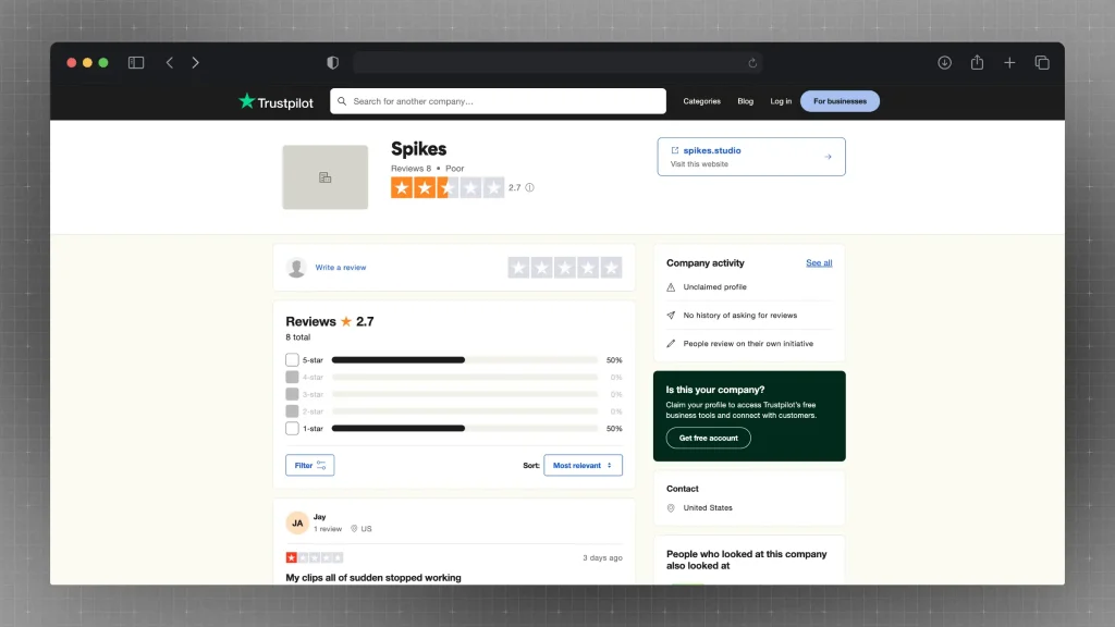 Spikes Studio's rating on Trustpilot