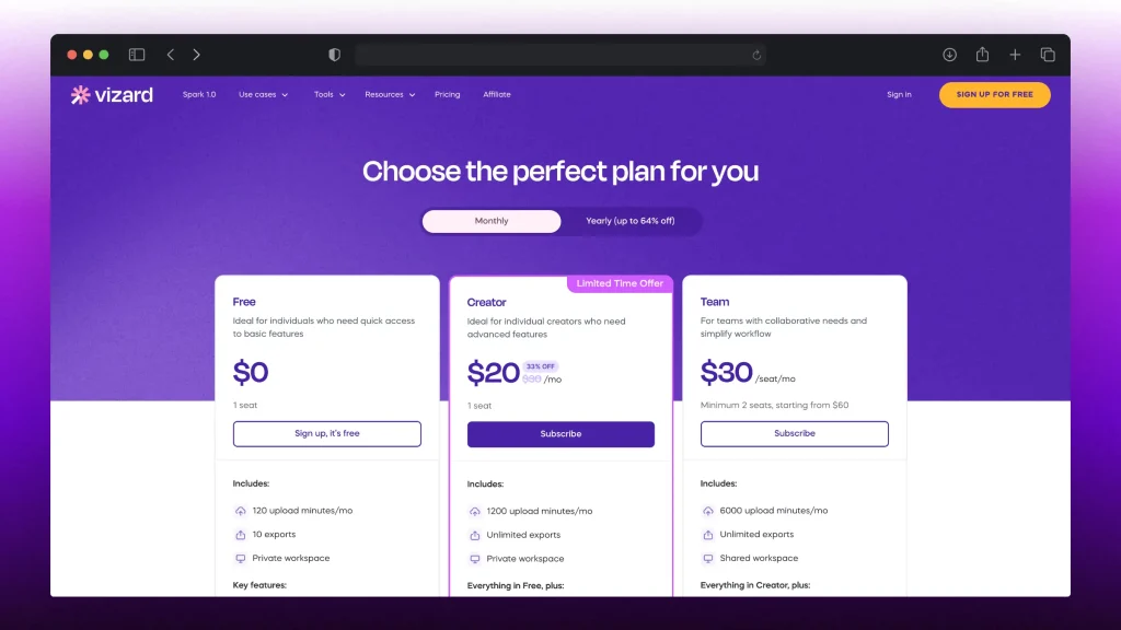 Vizard AI's Pricing Options