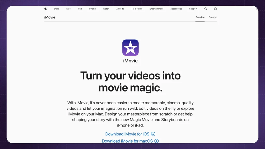 iMovie's landing page on Apple's website