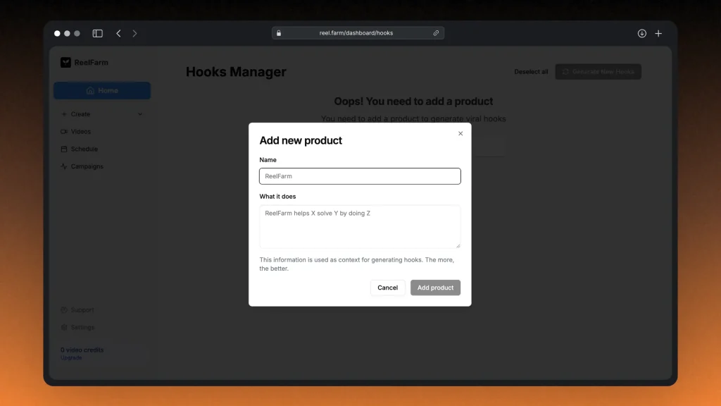 Adding a product in Reel.Farm so it can generate hooks