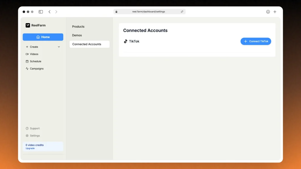 Connecting a TikTok account in reel.farm